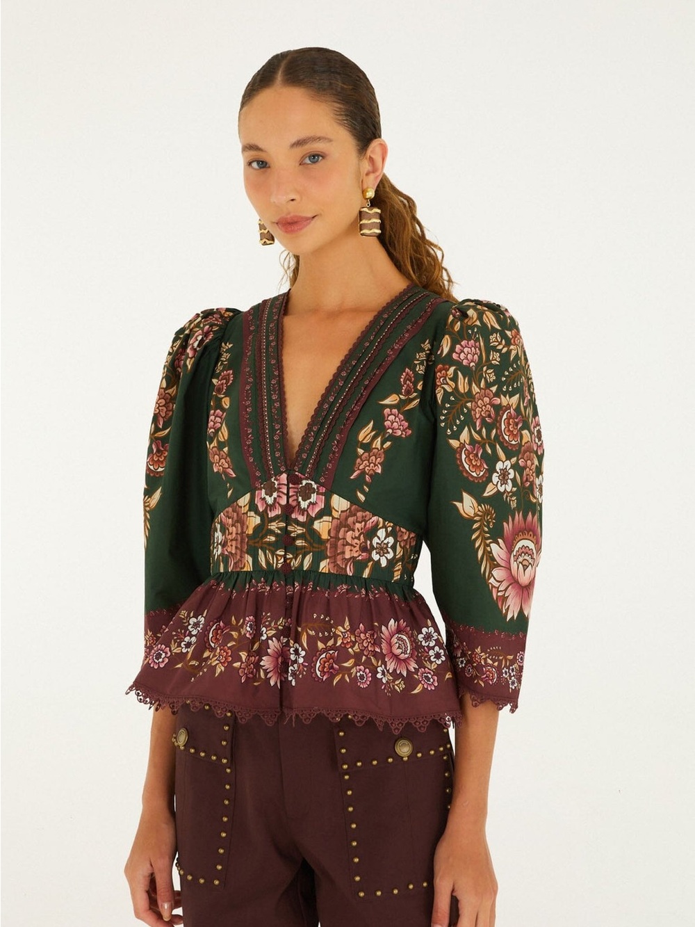 Farm RioDaniela Lace Puff Sleeve Bohemian Floral V-Neck Peplum Blouse - Picture 2 of 10